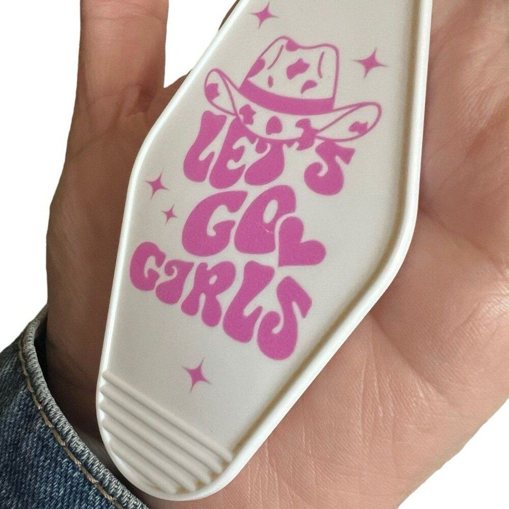 Pink Cowgirl Let’s Go Girl White Motel Keychain